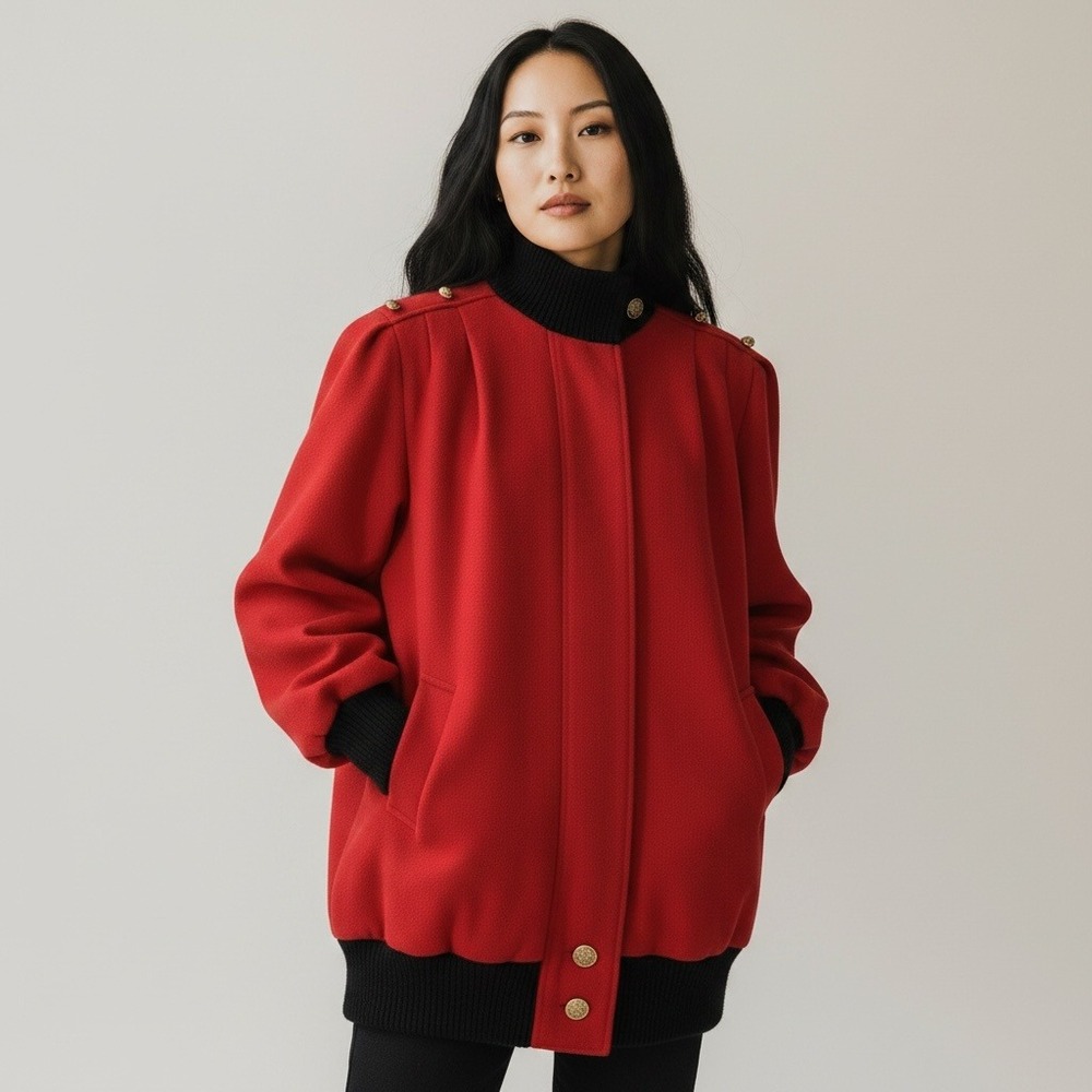 Herman Kay Statement Coat Oversized 6 Red 80s Vintage Wool Gold Button Car Coat